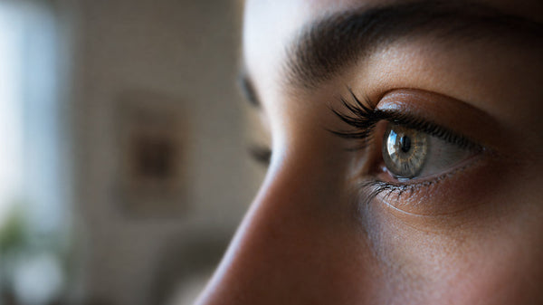 Close-up macro photograph of a human eye in warm natural light, representing the impact of screen exposure on eye health