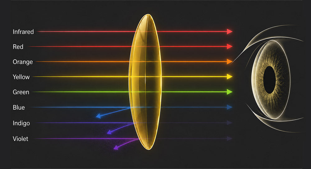 Diagram showing how a yellow-tinted lens filters blue, indigo, and violet light wavelengths while allowing red, orange, yellow, and green wavelengths to pass through to the eye