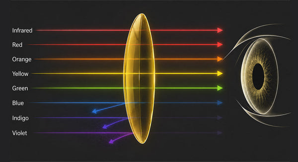 Diagram showing how a yellow-tinted lens filters blue, indigo, and violet light wavelengths while allowing red, orange, yellow, and green wavelengths to pass through to the eye